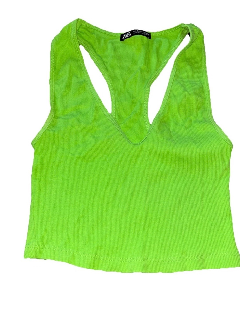 Zara Bright Neon Green Ribbed V-Neck Racerback Tank size S